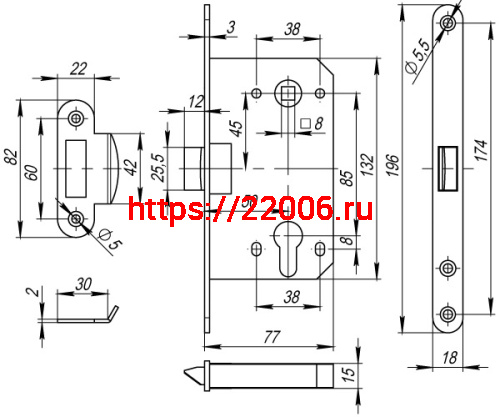 Корпус Fuaro (Фуаро) врезного замка c защёлкой PLASTP85C-50 (P85C-50) GP латунь фото 3