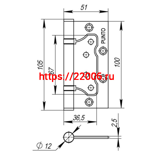 Петля Punto (Пунто) универсальная без врезки IN4200W PB (200-2B 100x2,5) латунь фото 3